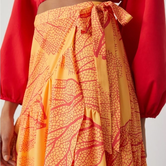 ANTHROPOLOGIE Hutch Leaf Printed Ruffle High Low Wrap Maxi Skirt Orange S NWT - Picture 3 of 8